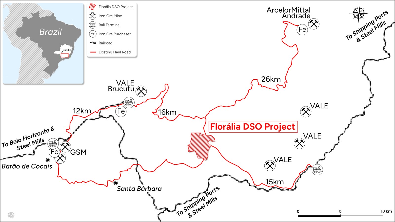 Florália location within the Iron Quadrangle showing distances to nearby mines, rail and steel mills