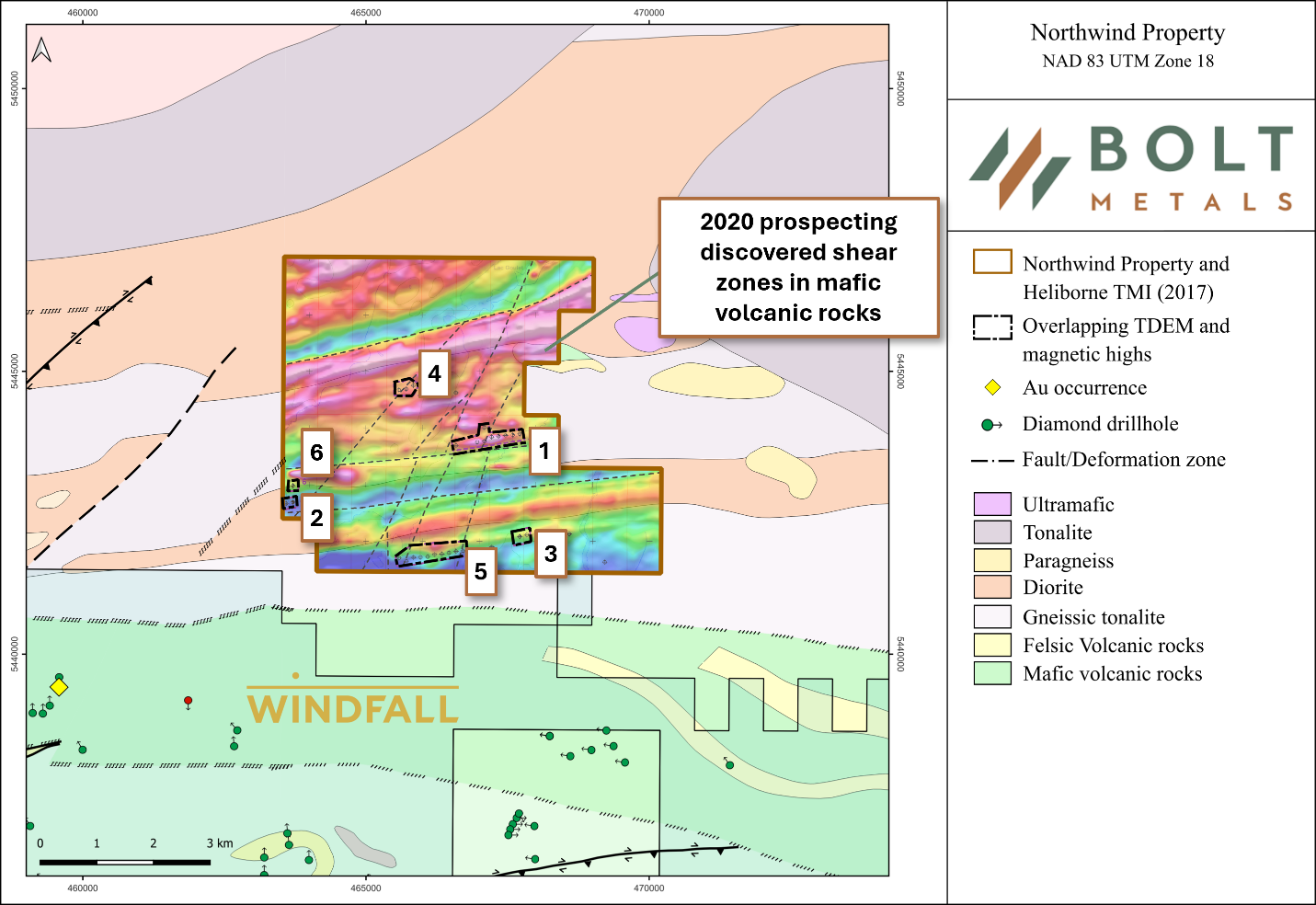 Northwind Property total magnetic intensity map with numbered target areas
