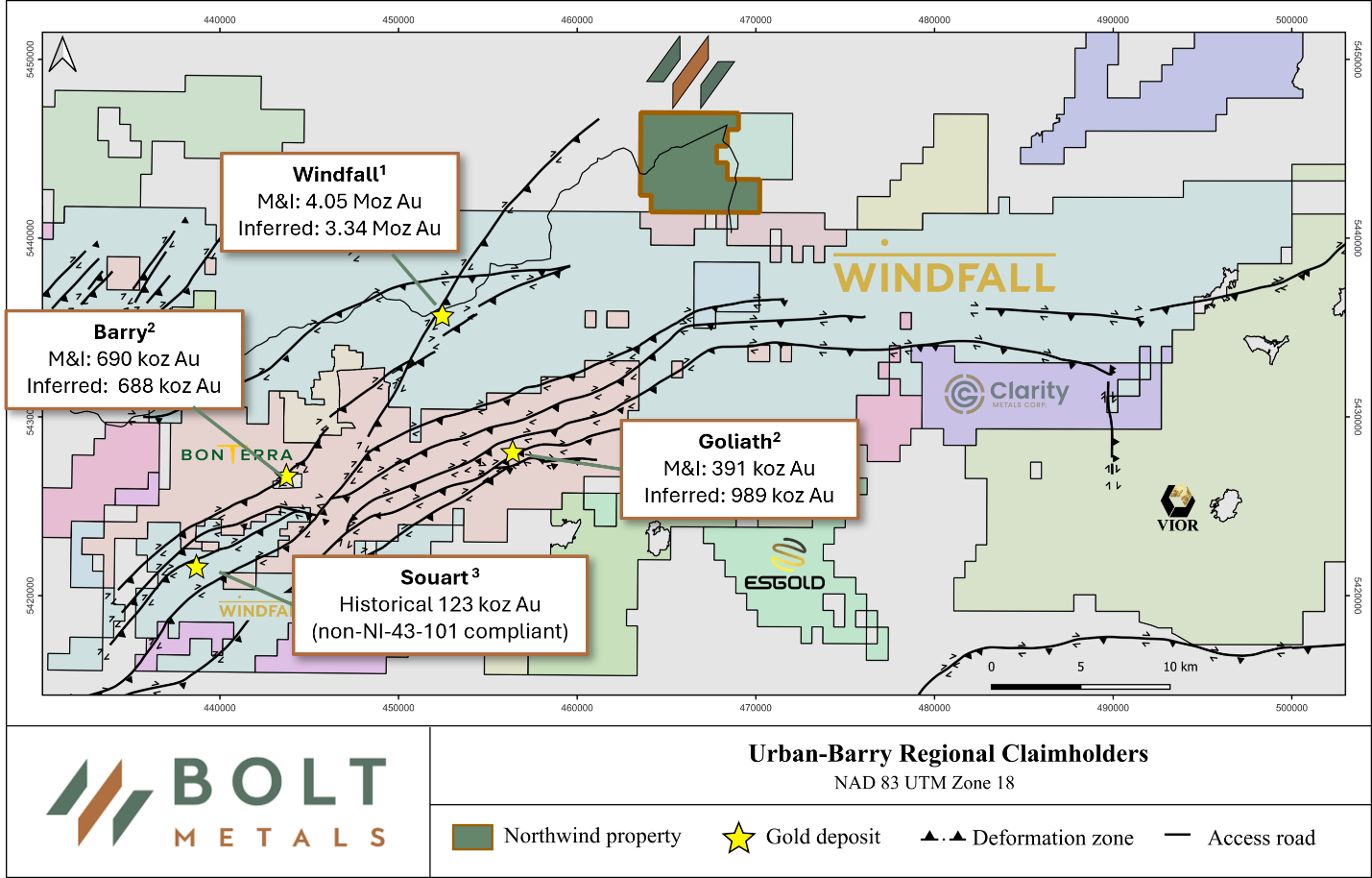 Urban-Barry regional claimholders map showing the Northwind property and regional gold deposits